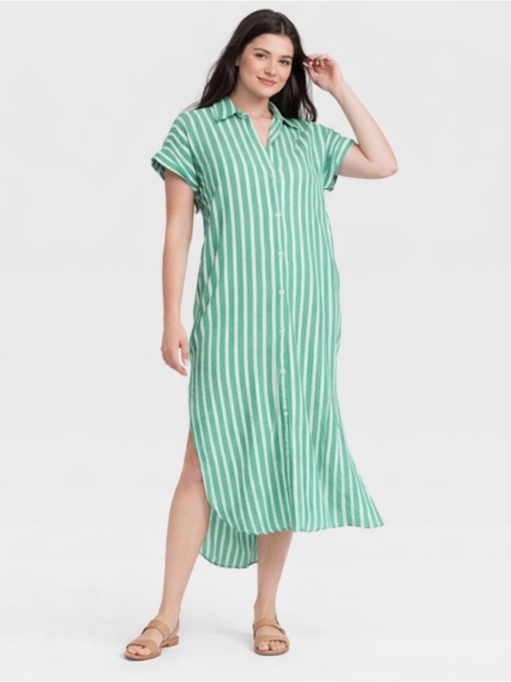 Universal Thread Green White Striped Button Down Midi Dress 1X Cotton Beachy